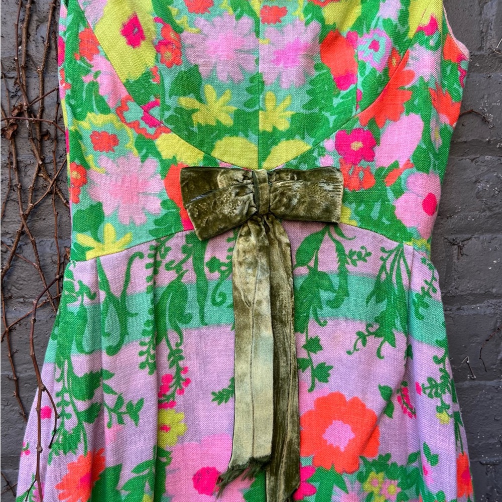 1960s Mod Floral Linen Maxi Dress with Green Bow/Festival/Bohemian/Folk - Picture 3 of 7